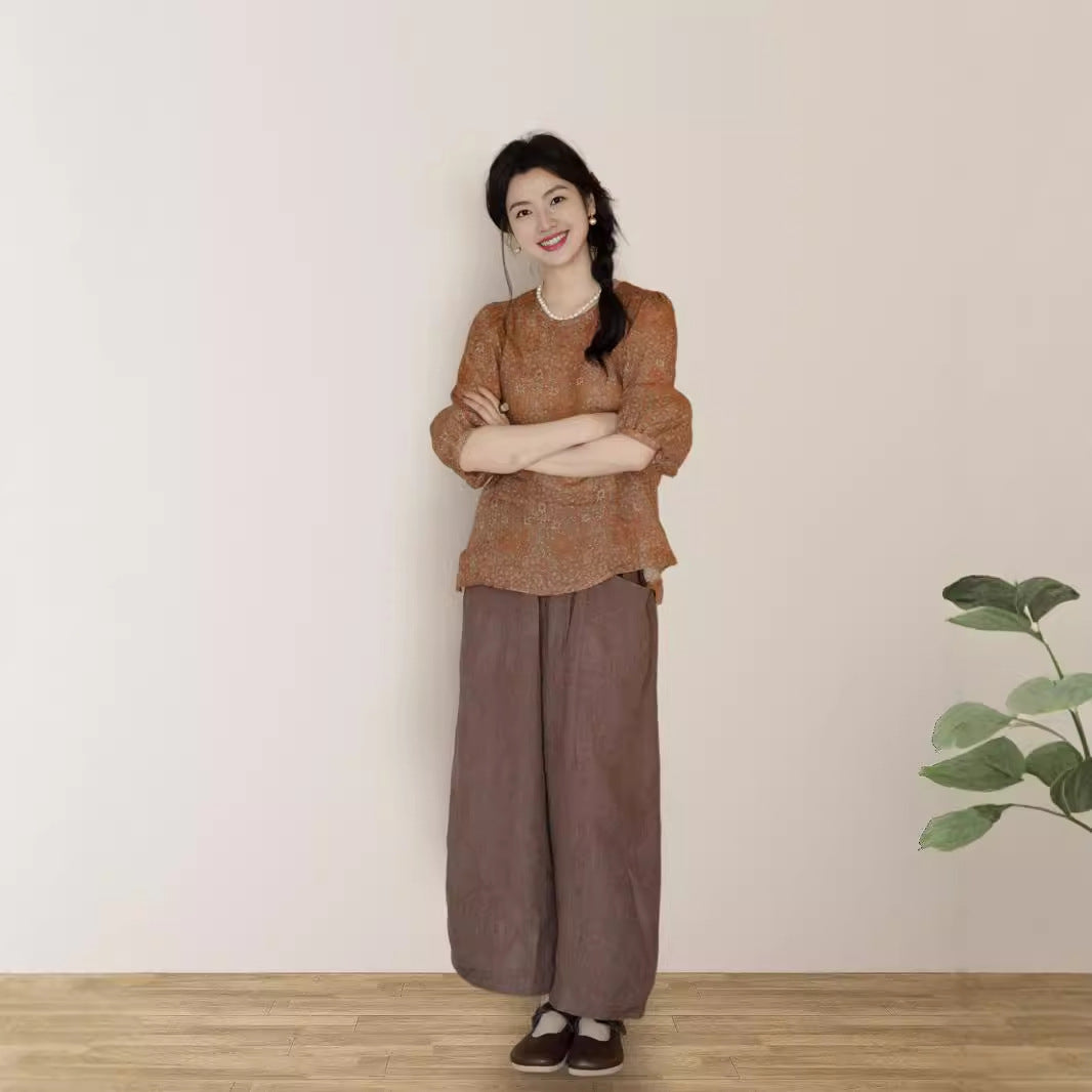 New Chinese Zen suit, bubble sleeve ramie t-shirt A0648 Chinese loose print shirt A0647