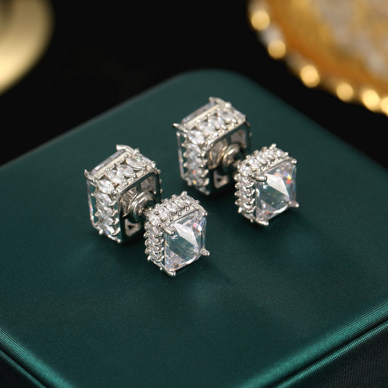 2025 Light luxury design sense, many earrings, super flash zircon inlaid earrings, three-dimensional square geometric front and rear two earrings.