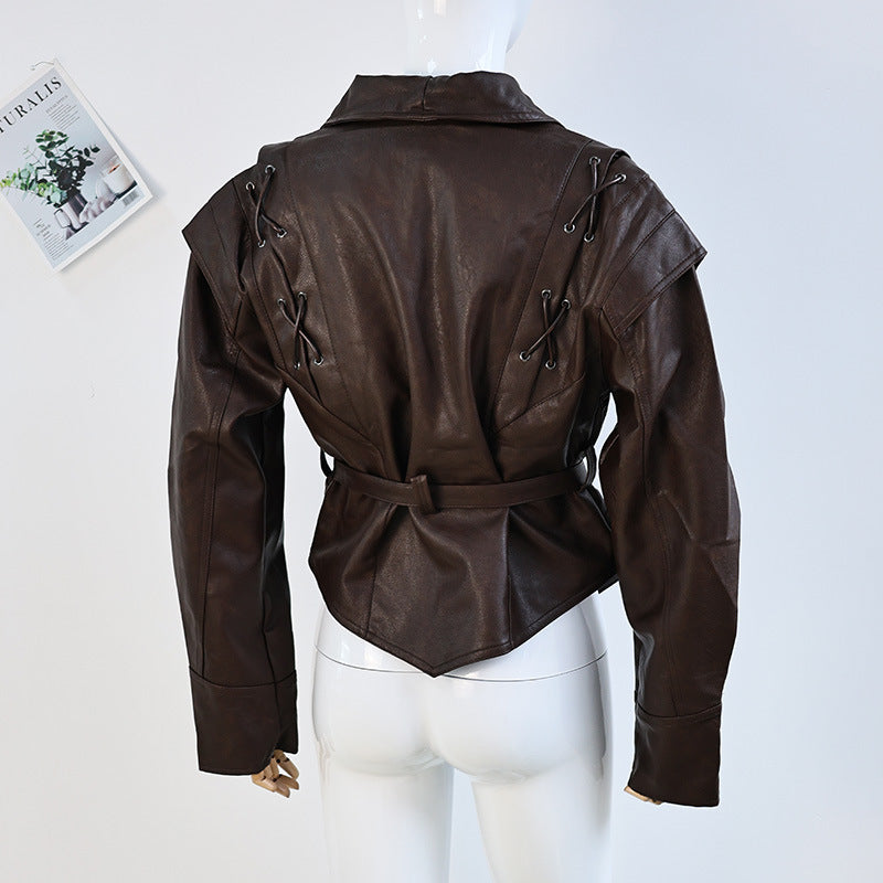 European and American cross-border 2025 winter retro lace-up faux leather jacket women's casual fashion lapel shawl Pu coat