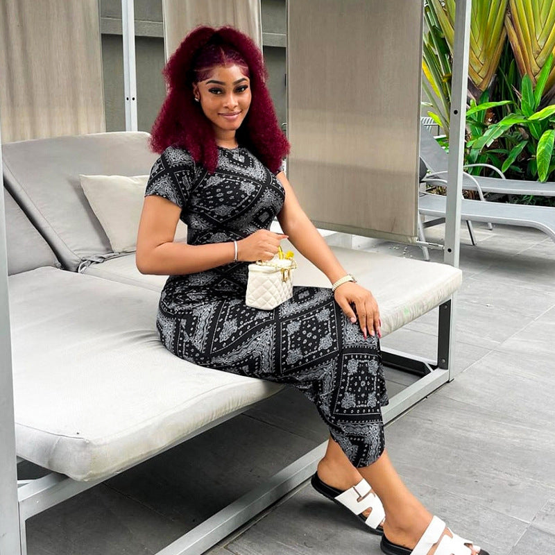 2025 K24DS118 women's clothing summer short-sleeved new retro temperament printed round neck slim-fitting high-waisted long dress