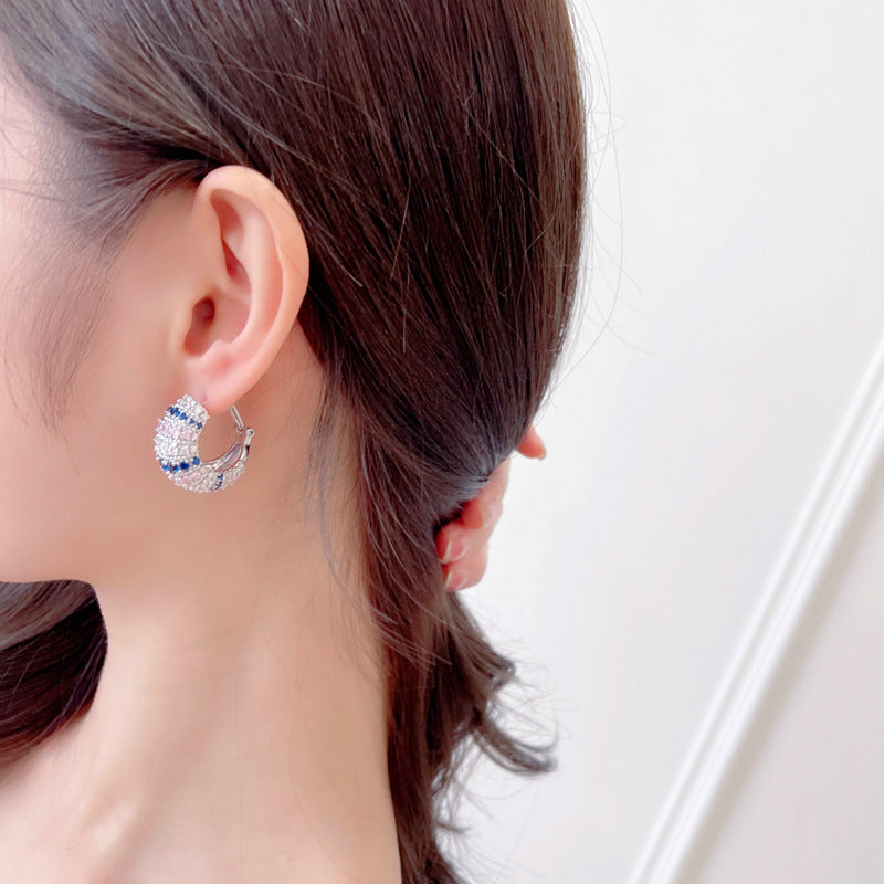 2025 S925 silver needle retro court style earrings zircon inlay design sense semicircular C ring buckle anti-lost stud earrings