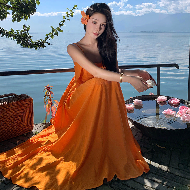 2025 vacation style orange suspender A-word dress summer dopamine vacation beautiful temperament waist long skirt