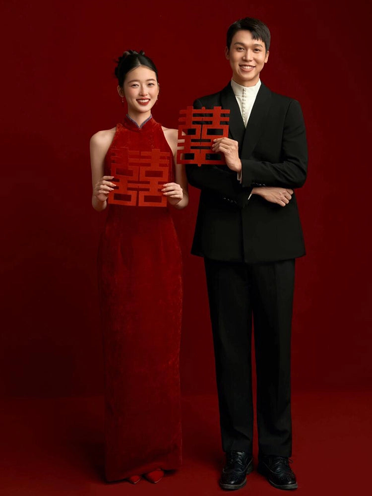 New Chinese cheongsam evening dress red neck high-end morning robe bride engagement wedding niche return toast dress
