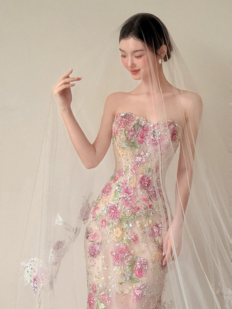 Morning robe female bride tube top high-end super fairy flower sequined fishtail dress temperament light luxury celebrity engagement dress