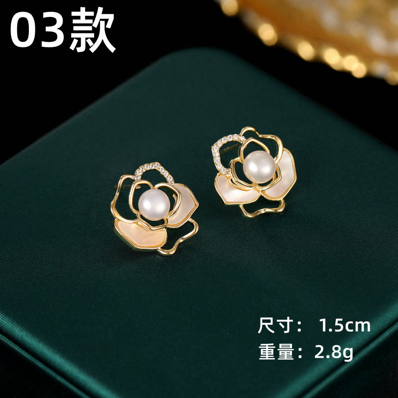 2025 S925 silver needle flower series earrings niche design earrings Korean version super fairy simple temperament camellia stud earrings