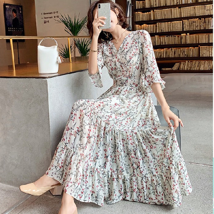 ZllKl Cross-Border Spring and Summer New Dress Tall Floral Chiffon V-neck Dress Temperament Fairy Dress