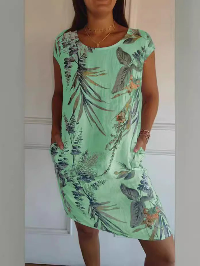ZllKl Wish Independent Station Women's round Neck Loose Short Sleeves Printed Dress Women's Pocket Skirt