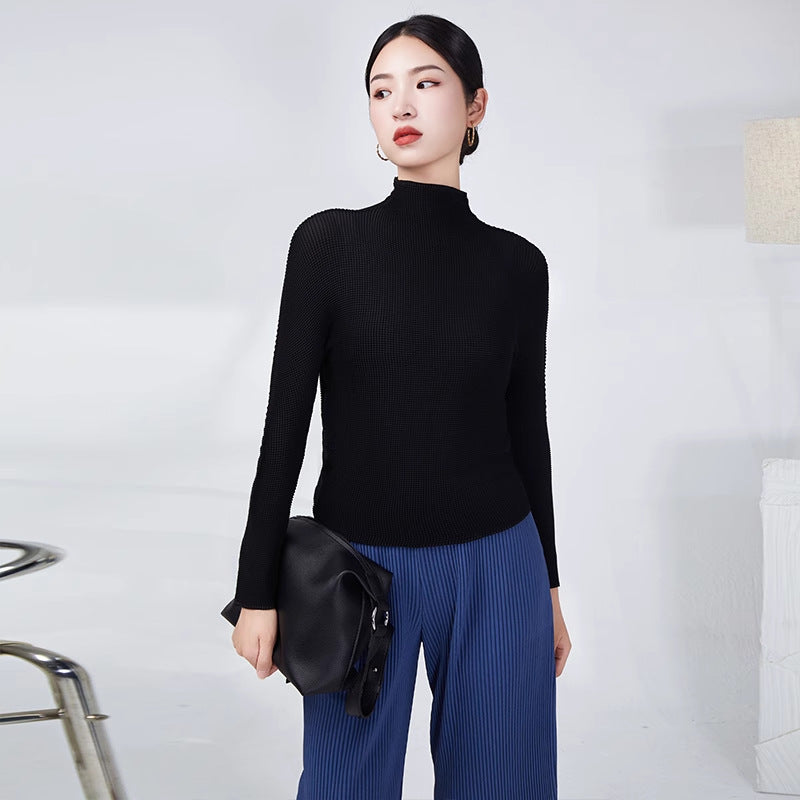 2025 Miyake basic spring and autumn bottoming shirt women's temperament turtleneck solid color slim fit simple versatile pleated long-sleeved top