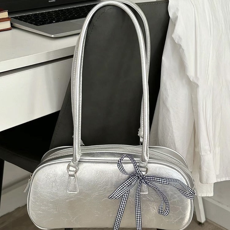 ZLLKL 2025 Korean version of niche ballet style Boston women's bag popular new fashionable versatile silver portable shoulder armpit bag