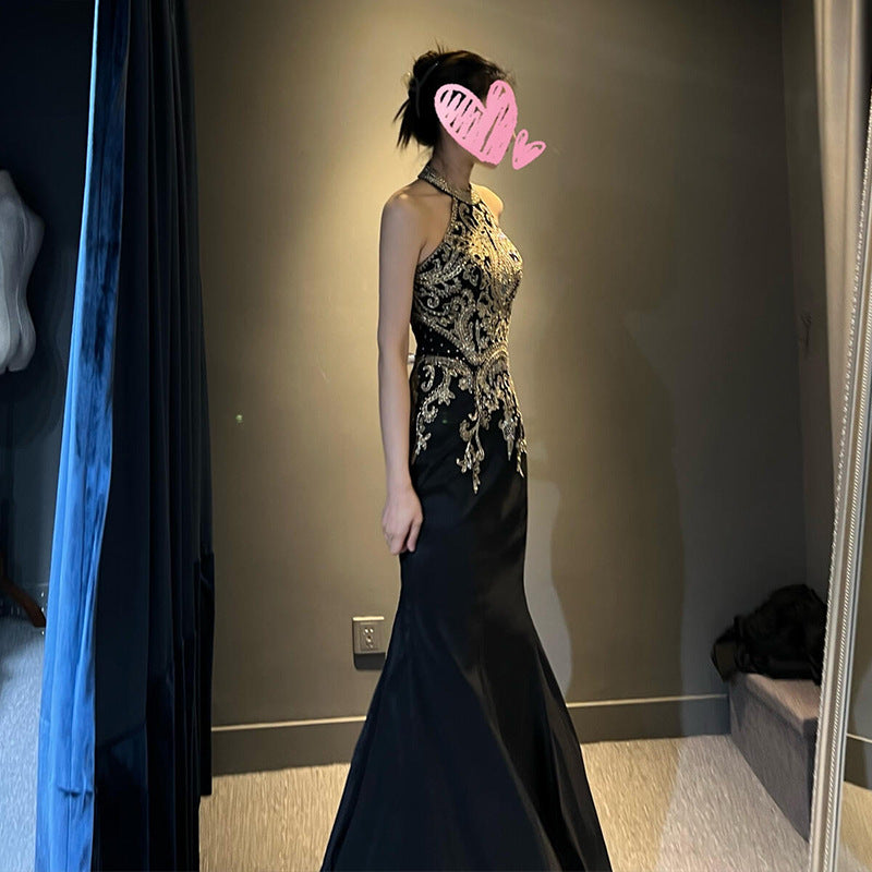 2025 Host Dress High Sense Banquet Chorus Dress Black Fishtail Neck Vocal Art Examination Solo Performance Dress