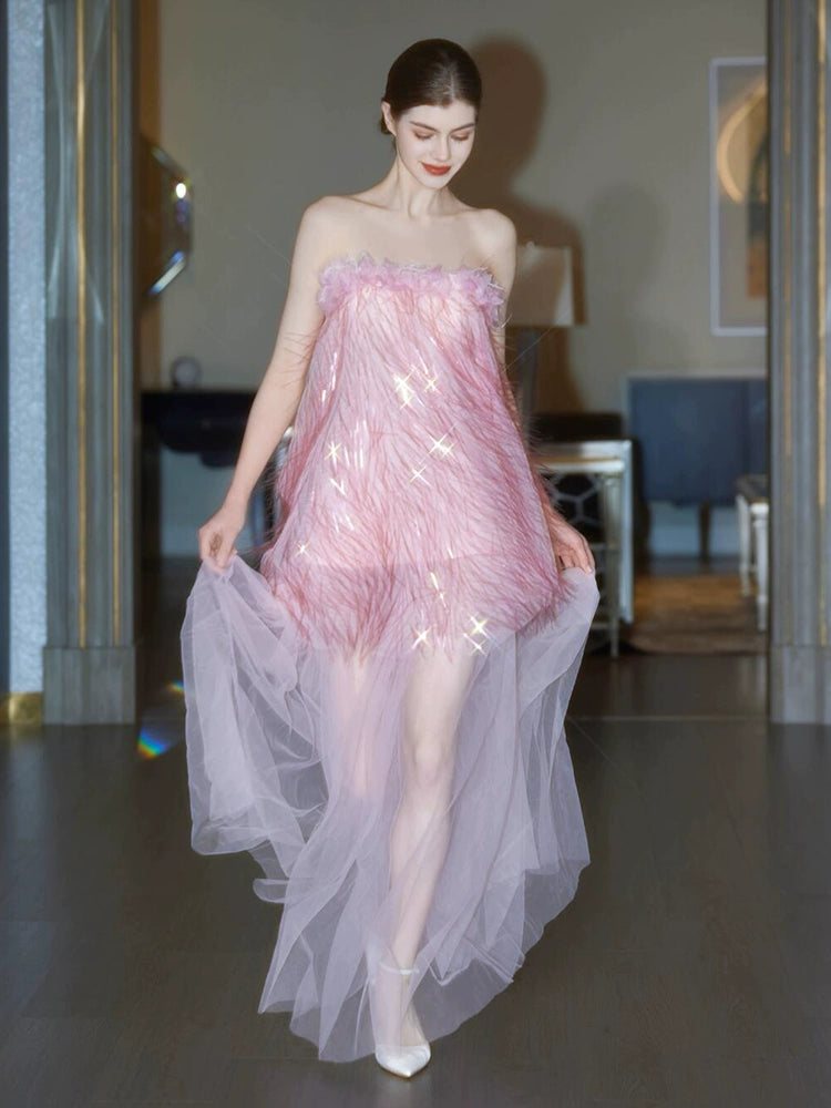 Pink morning robe woman 2025 new temperament light luxury tube top bridal engagement dress banquet birthday super fairy dress