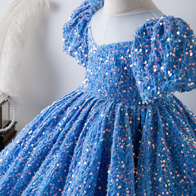 ZllKl Blue Sequined Children's Dress Girl Princess Dress Birthday Full-Year Baby Girl Catwalk Host Piano Performance Wear