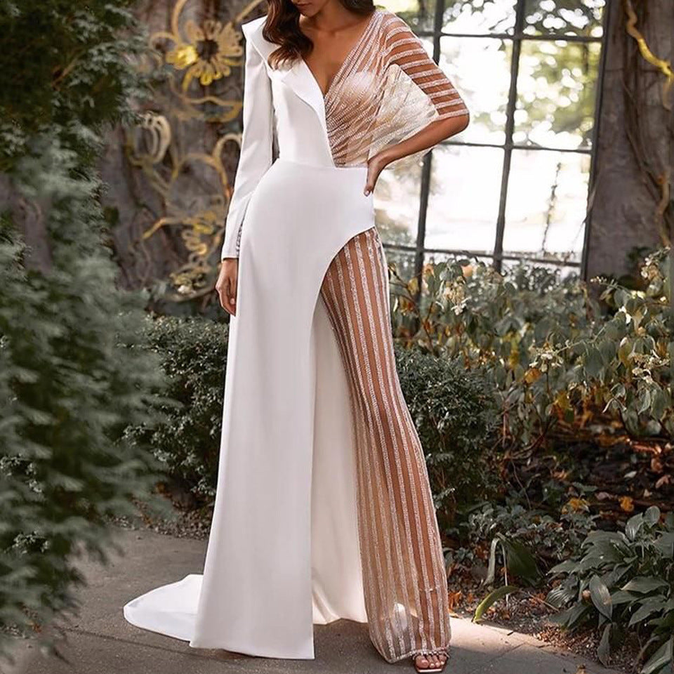 2025 New spring new women's clothing, splicing V-neck lace irregular dress skirt solid color jumpsuit