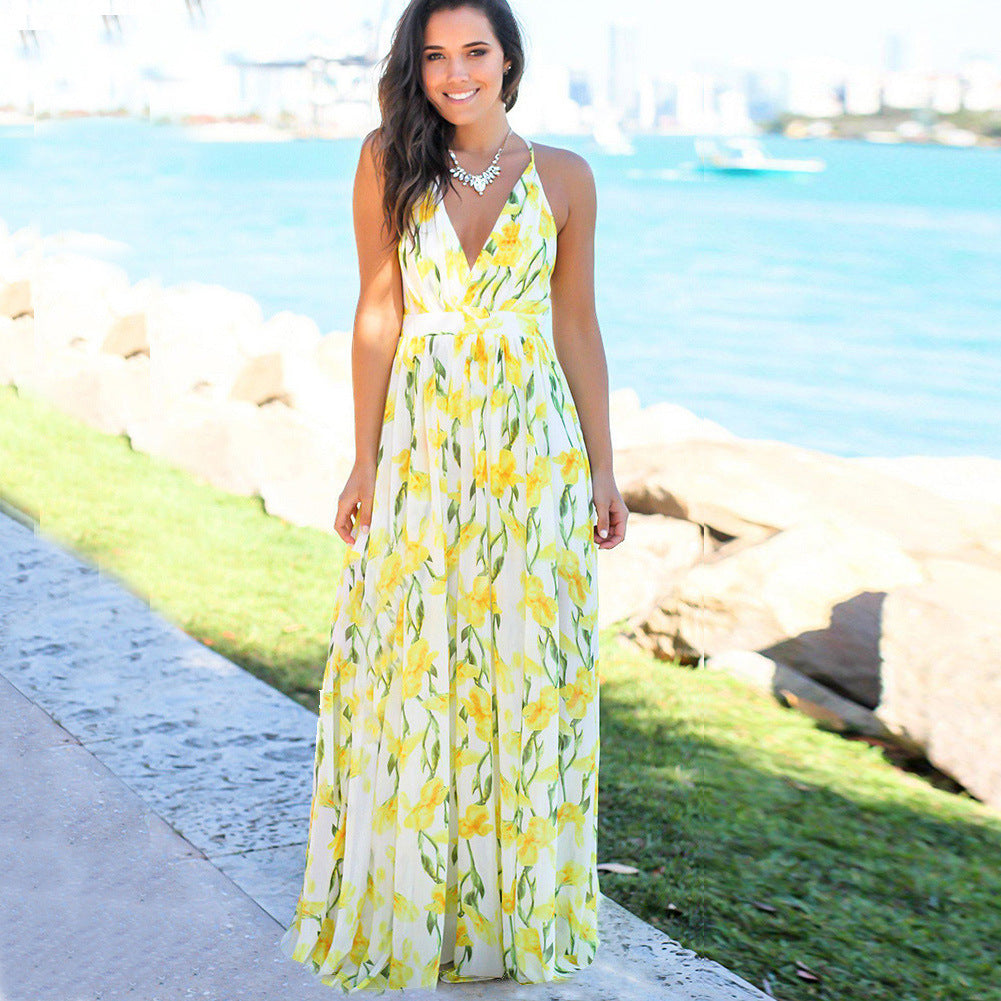 ZllKl Dress Summer New Women's Long Dress Cross Border Hot Suspender Skirt Printed Beach Long Dress