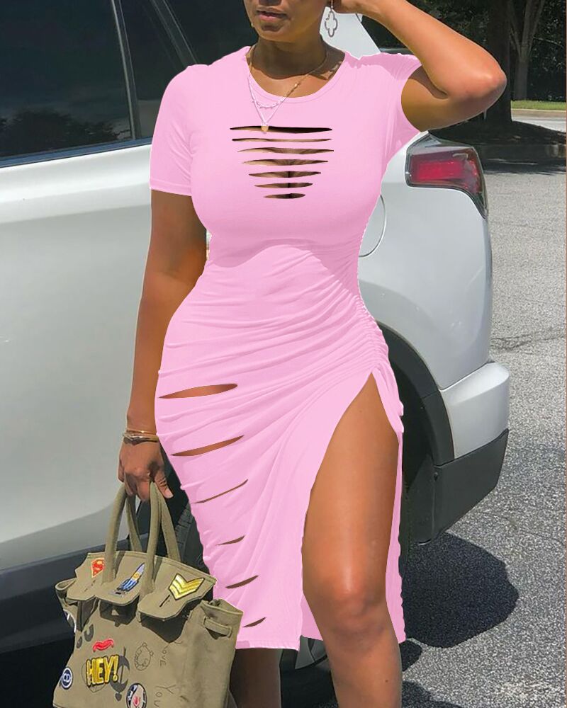 ZllKl European and American Sexy round Neck Short Sleeve Ripped Slit Pleated Dress
