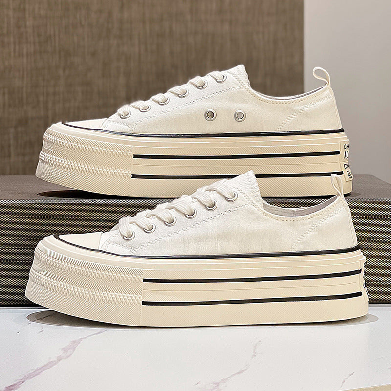 ZllKl Women's Thick-Soled Canvas Shoes Summer New Korean Style Casual Sneaker round Toe Lace-up Sneakers All-Match White Shoes