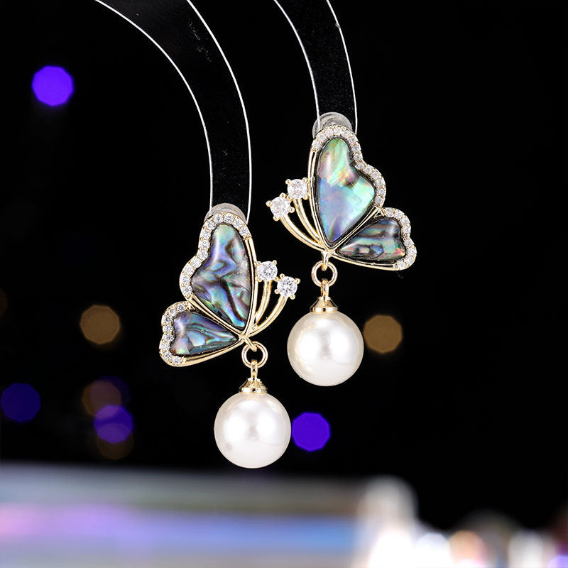 2025 Natural abalone shell retro zircon dream butterfly smart pearl shell stud earrings women's new fashion light luxury earrings