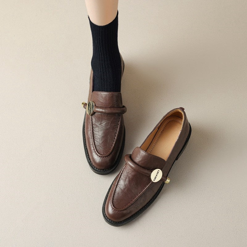 2025 Retro gold buckle thick heel loafer single shoes women's British style small leather shoes