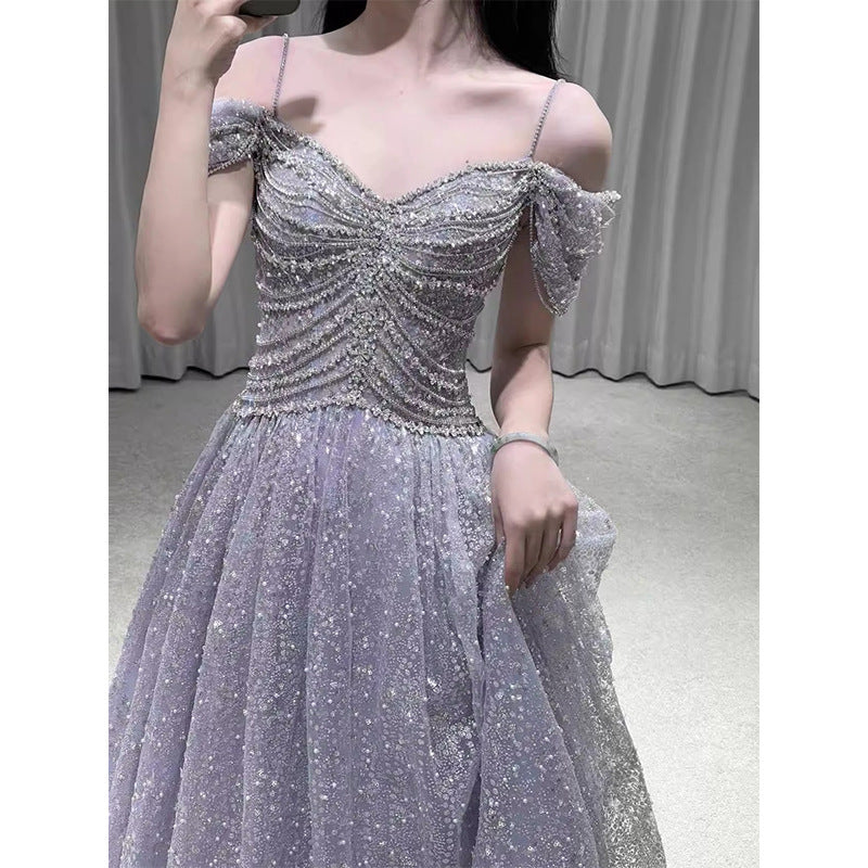 2025 light luxury banquet evening dress 2025 new suspender heavy industry fluffy long dress birthday party party dress
