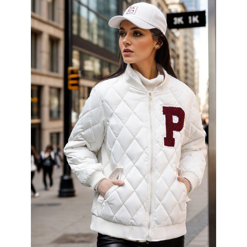 Chinese and American letters P retro down cotton-padded clothes new short jacket 2025 autumn and winter college style loose baseball jersey women