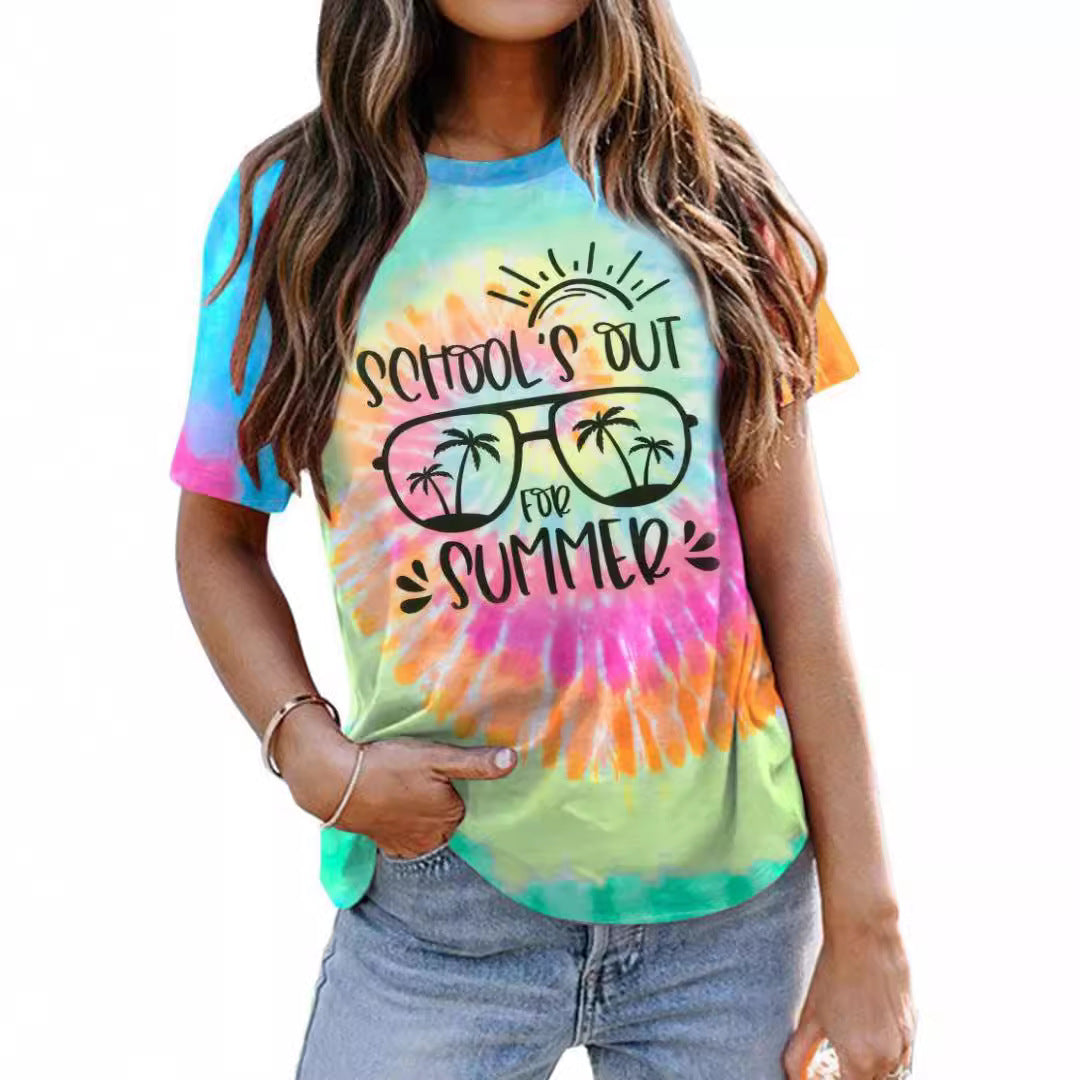 ZllKl Cross-Border Summer European and American Printed Short-Sleeved Casual Loose Temperament T-shirt for Women