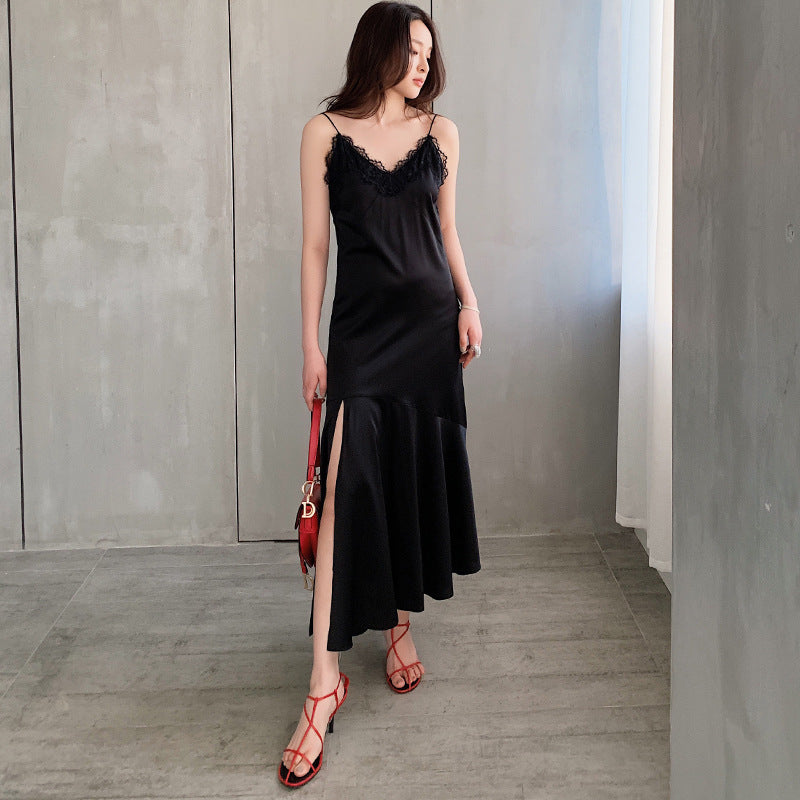 Silk suspender dress women's popular spring and summer new lace retro blue sexy suspender long skirt