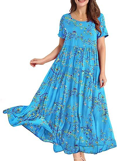 ZllKl Summer Beach Midi Dress Comfortable Pleated Dress Casual Loose Floral Dress