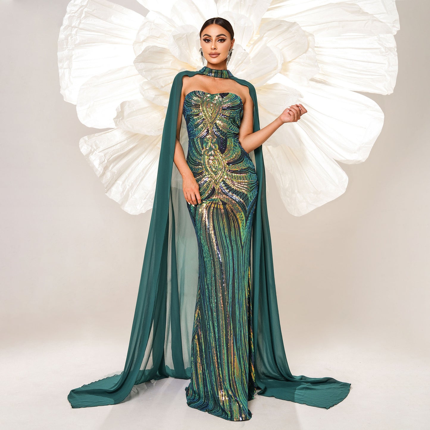 r 2025 new long-sleeved crew neck long sequined banquet cape fish tail evening dress bridesmaid dress women