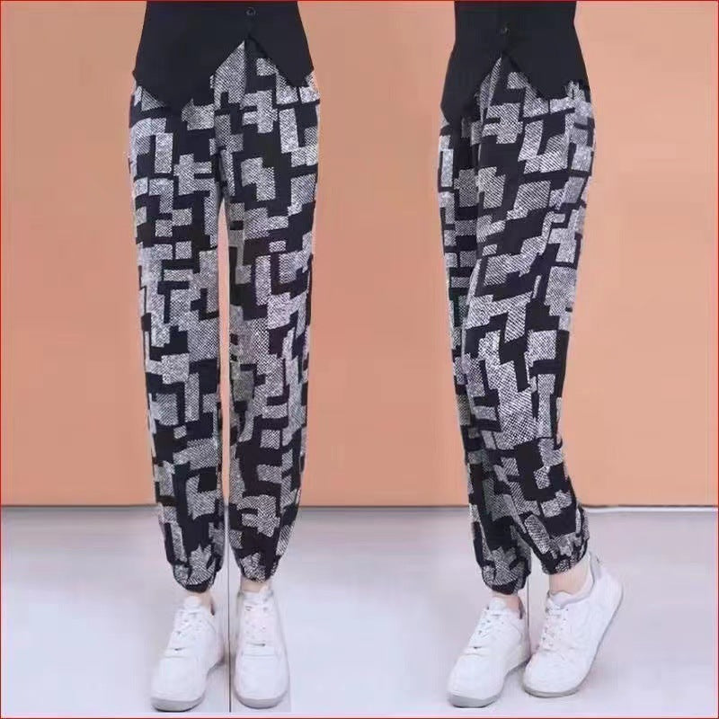 ZllKl Ice Silk Plaid Casual Pants Women's Summer Thin Cool Women's Lantern Pants Large Cropped Casual Harem Tappered Pants