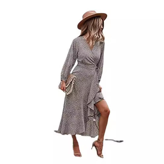 Zllk In Stock! European and American Foreign Trade Women's Long Sleeve Wrap Dress Flower Printed V-neck Autumn and Winter Dress