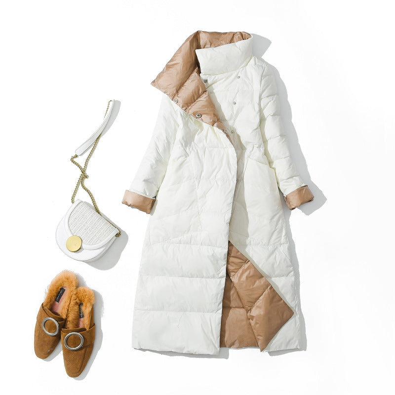 Cross-border wears down jackets on both sides in Europe and the United States, women's medium and long New new light and thin stand-up collar white duck down jacket.