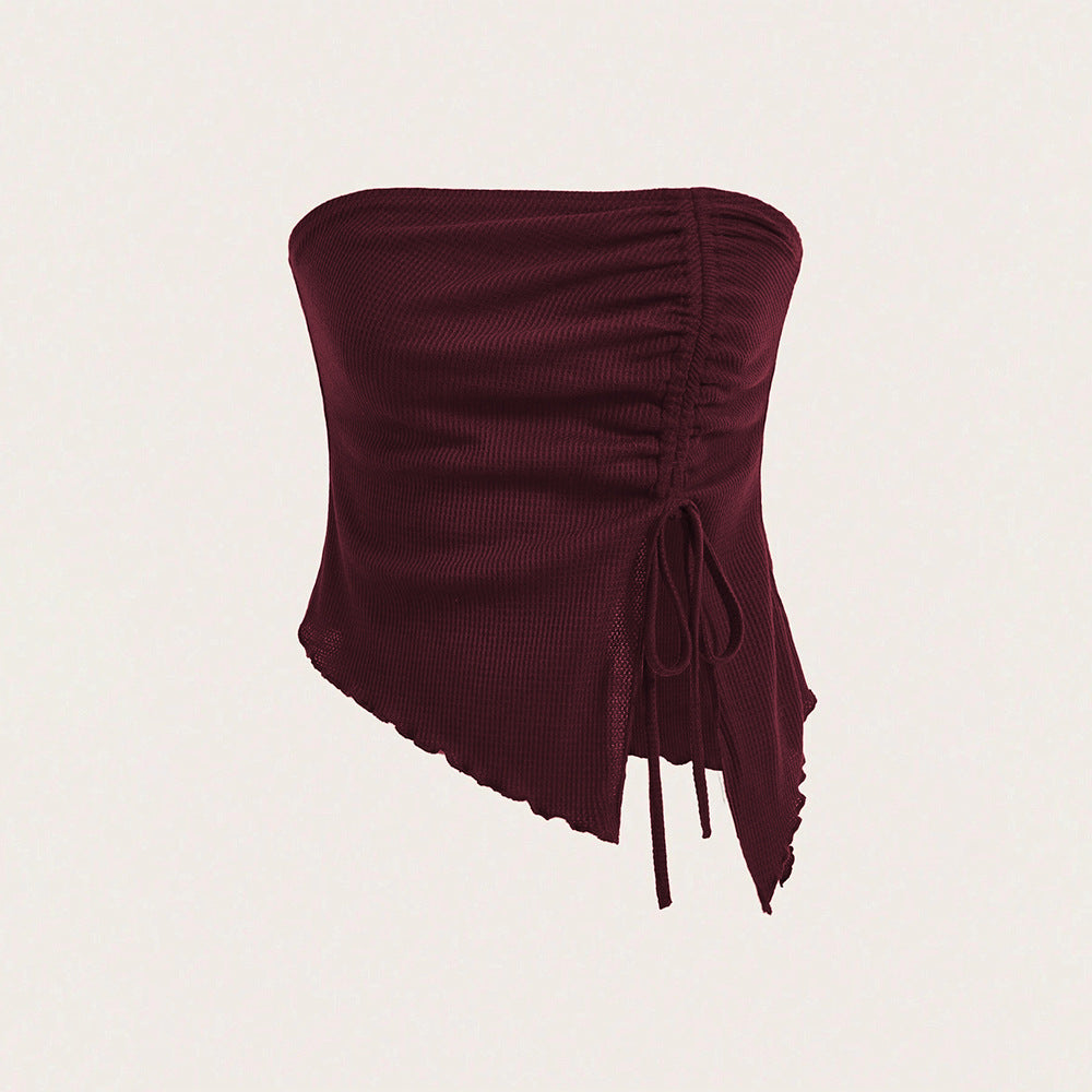 Cross-border women's clothing popular autumn and winter new drawstring split irregular waffle slim tube top