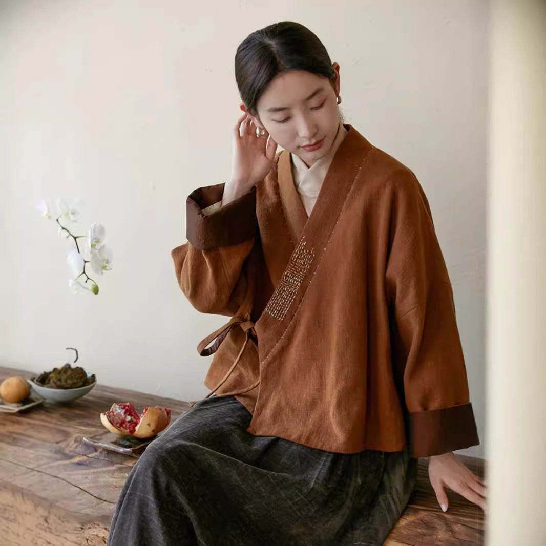 2025 Retro v-neck new Chinese loose coat, linen cotton contrasting colors and old hand-embroidered thread lace-up coat female A1036