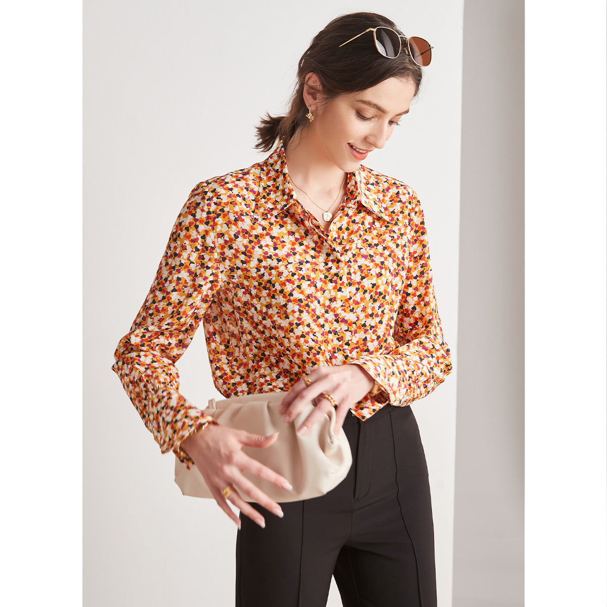 Silk shirt women's spring and summer new design top loose outer wear long-sleeved niche printed shirt