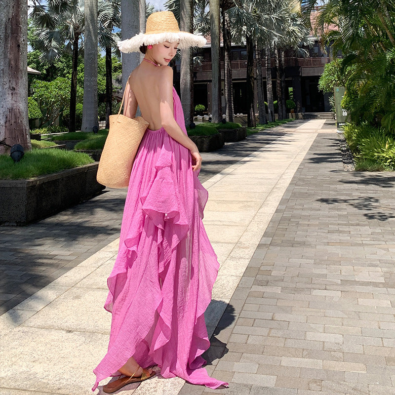 2025 Dopamine pleated rose pink neck skirt irregular ruffle leaf edge halter split fork vacation travel photo beach skirt