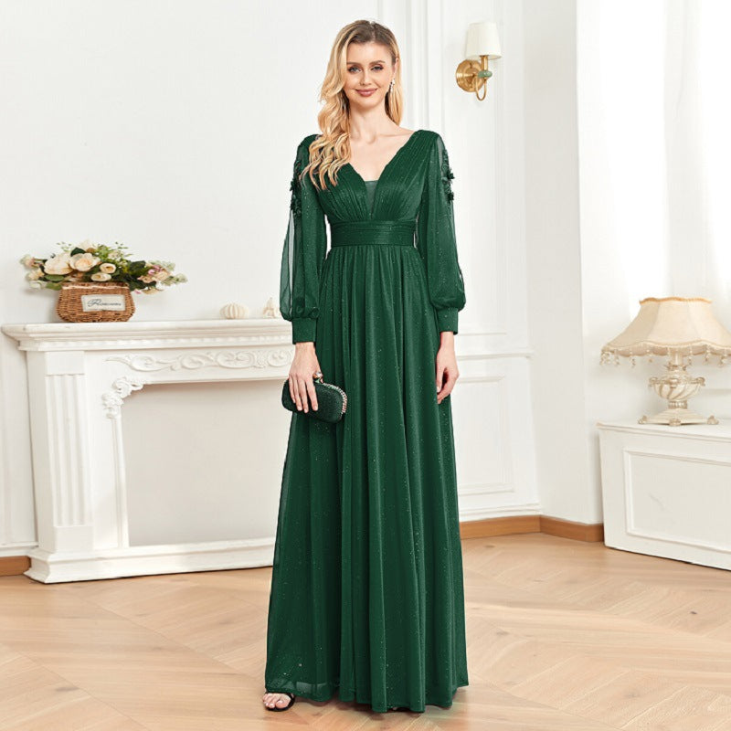 2025 new long-sleeved evening dress women's banquet sexy temperament slit V-neck banquet dress Popularan warehouse supply