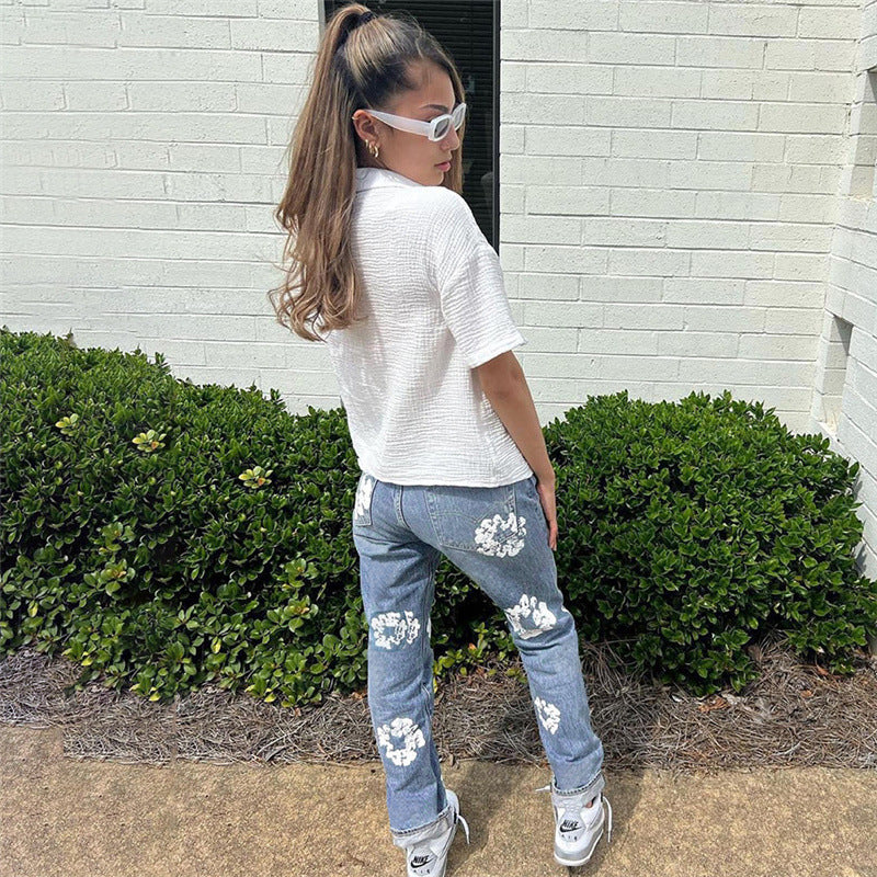 European and American Style 2025 Hot Trade New Autumn and Winter Trendy Street Style Printed High Waist Casual Straight-Leg Jeans for Women