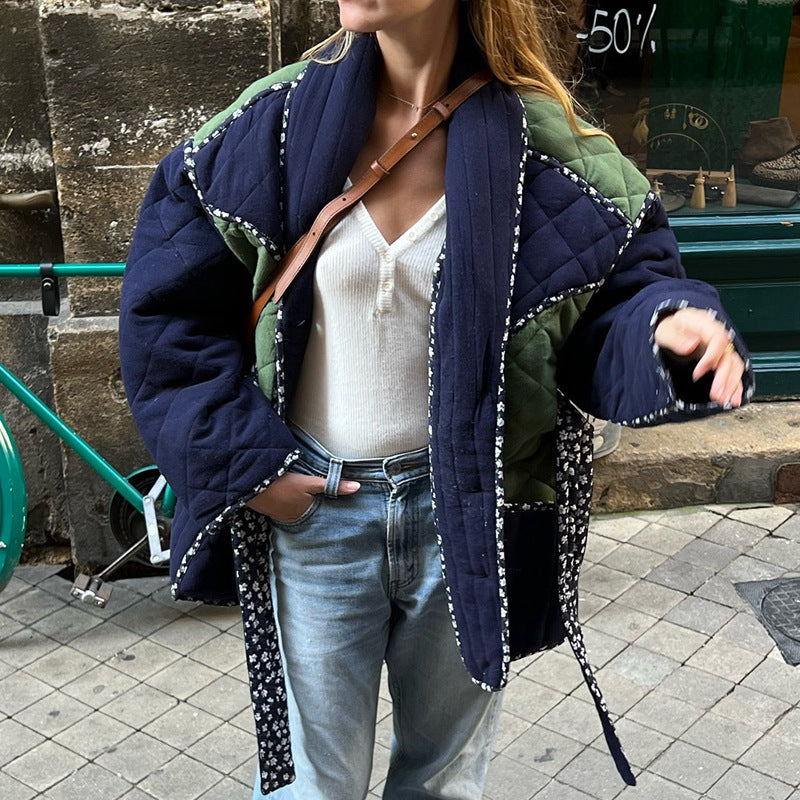 Europe and the United States cross-border 2023 autumn and winter women's cotton-padded jacket comfortable and casual rhombus splicing retro loose cotton clothes padded cotton