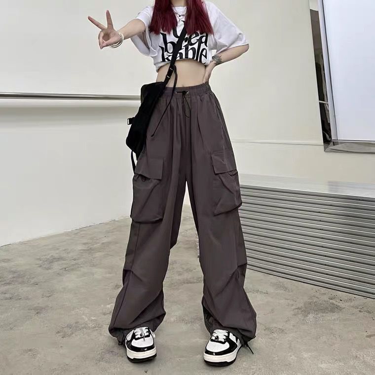 ZllKl Nylon Quick-Drying Overalls Women's Summer New American Parachute Pants High Waist Wide Leg Leisure Drawstring Sports Pants