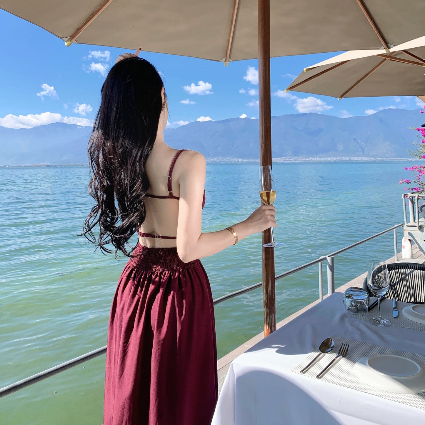 2025 Purple backless suspender skirt women's summer hollow sexy waist seaside vacation skirt big swing long dress