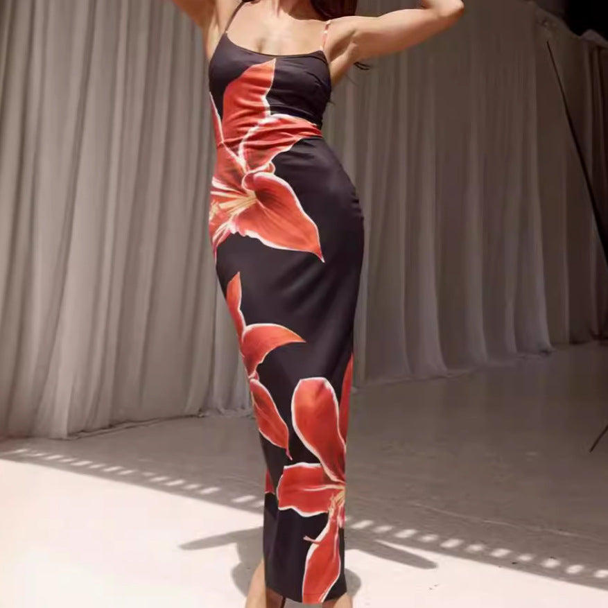 European and American Summer 2025 New Slim Fit Sexy Slit Hip Skirt Flower Print Dacron Camisole Dress