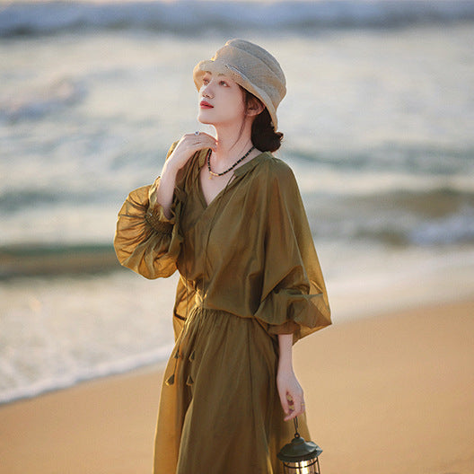 2025 New clothes women's summer suit, lantern sleeve top A-shaped skirt skirt B0727 Tencel two-piece suit women