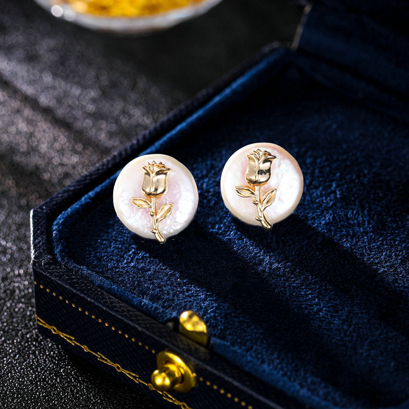 2025 S925 silver needle simple small exquisite earrings retro elegant temperament rose baroque freshwater pearl stud earrings