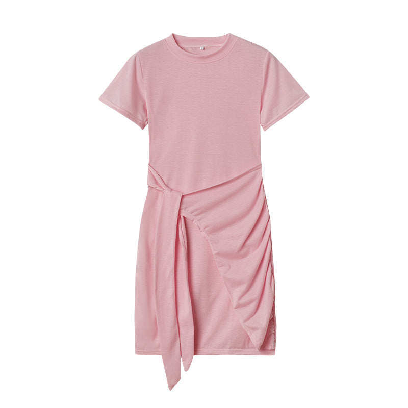 ZllKl European and American Popular Short Sleeve round Neck Pleated Bow Belt Irregular Dress