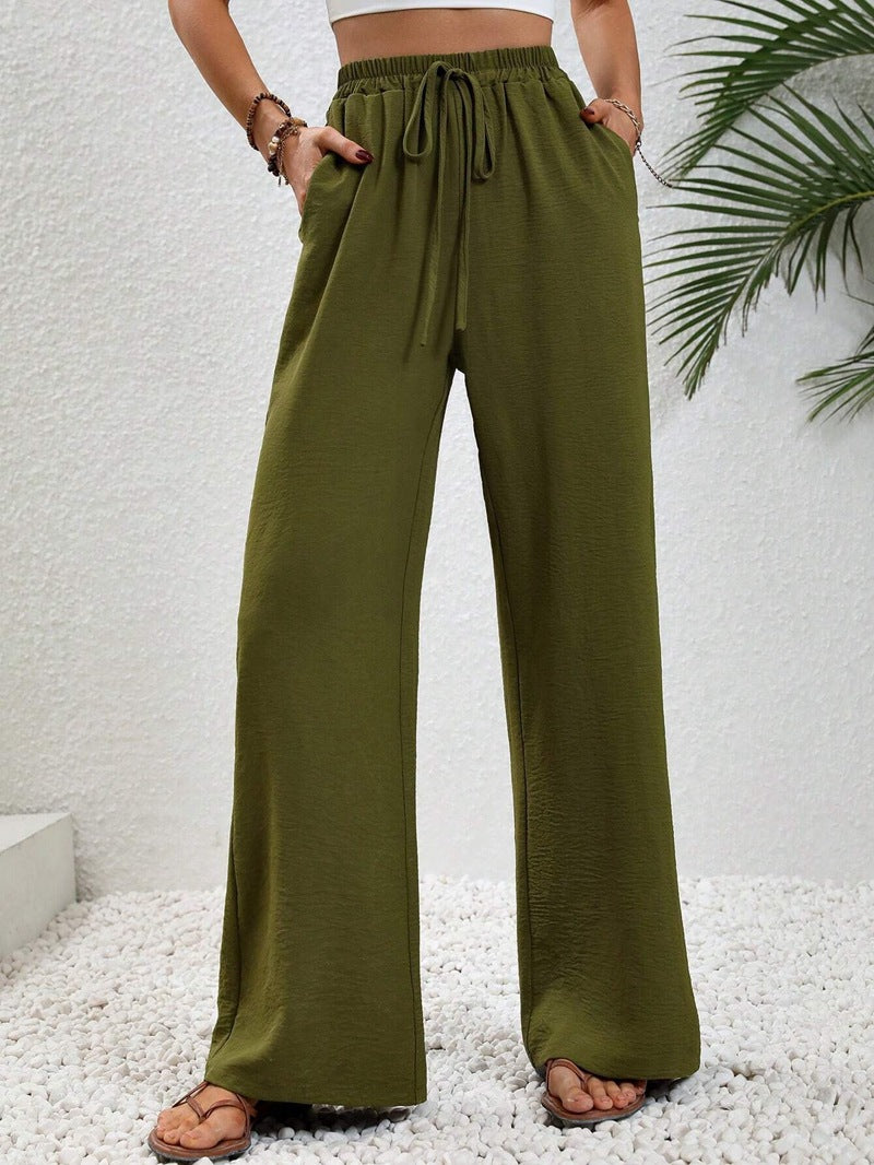 ZllKl Tiktoktemu European and American Women's Clothing Spring and Summer New Versatile Solid Color Mop Wide Leg Pants Casual Pants