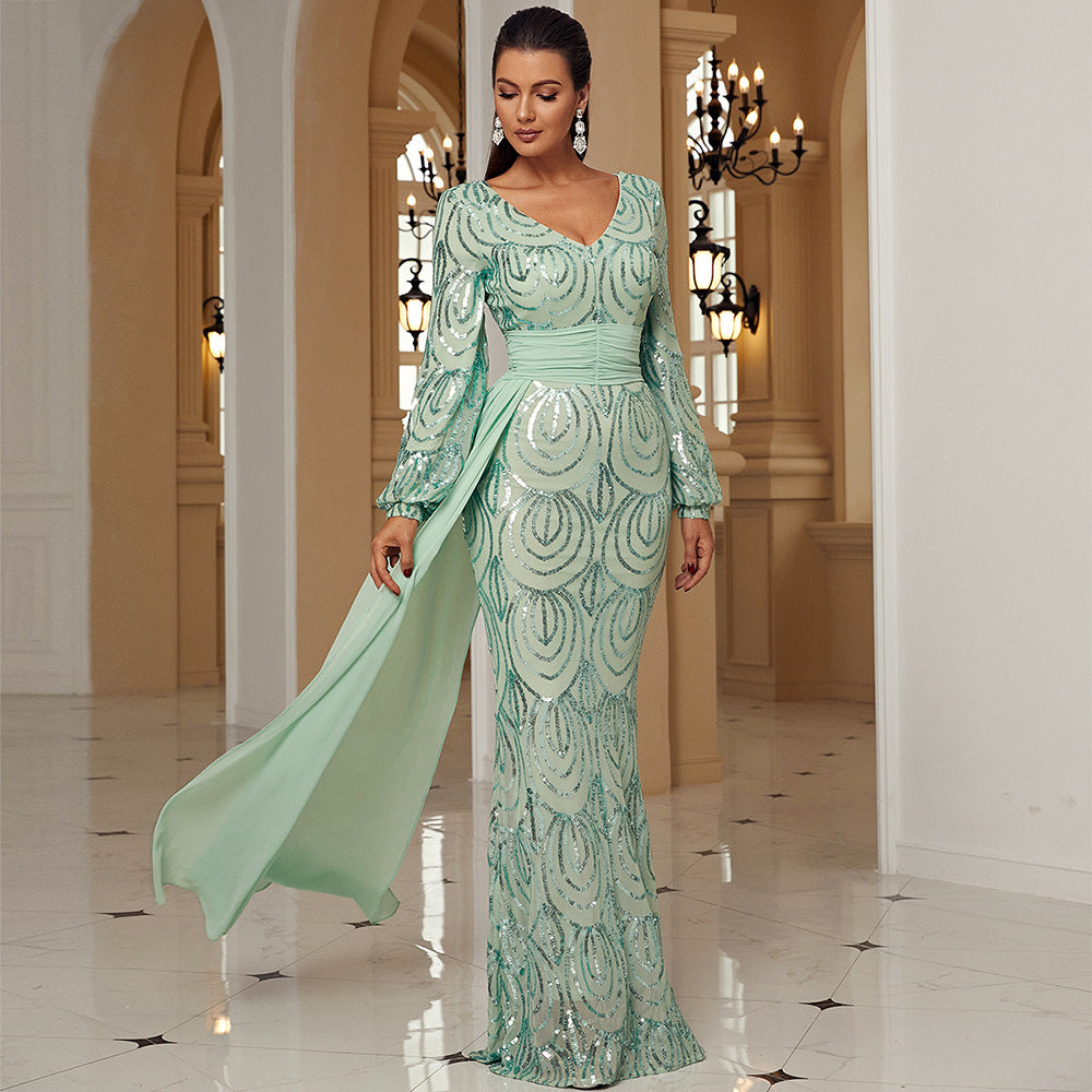 r 2025 temperament long-sleeved sexy long sequined V-neck banquet streamer evening dress bridesmaid dress women