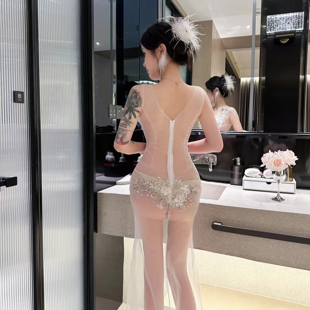 2025 Nightclub fun sexy perspective long dress embroidered pearl hip dress night tooling sauna technician clothes