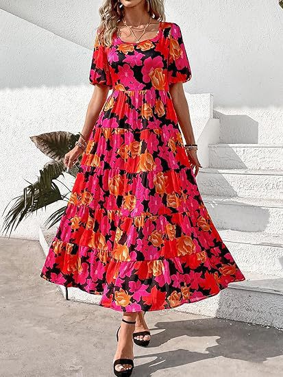 ZllKl European and American Foreign Trade Cross-Border Women's Clothing Bubble Sleeve Pleated Backless Print Layered Short Sleeve Dress