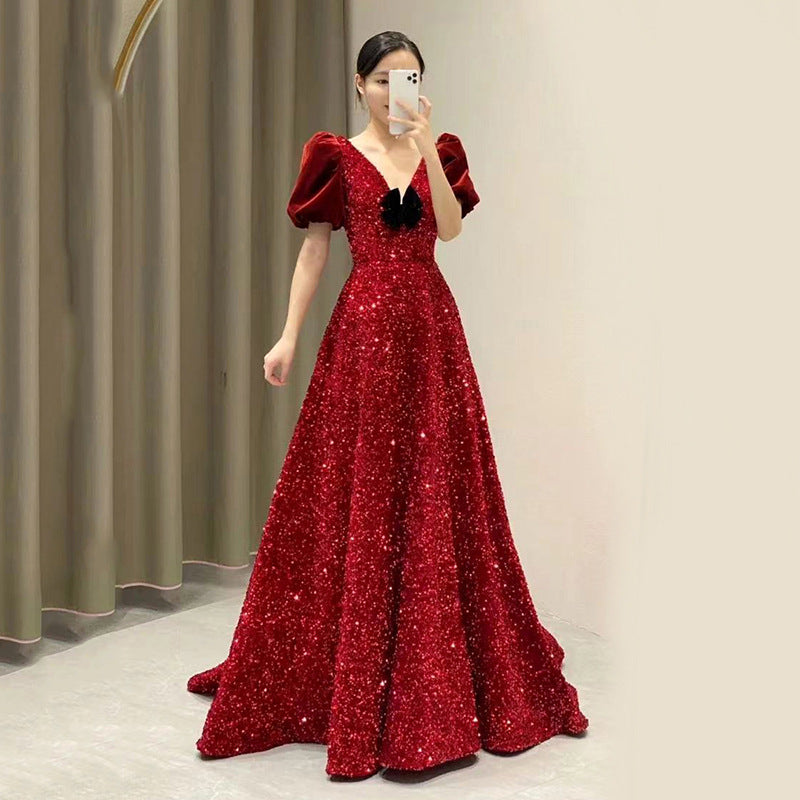 2025 Bridal Toast Clothing 2025 Autumn Red Sequins Noble Princess Dress on the Run Light Luxury Return Engagement Dress