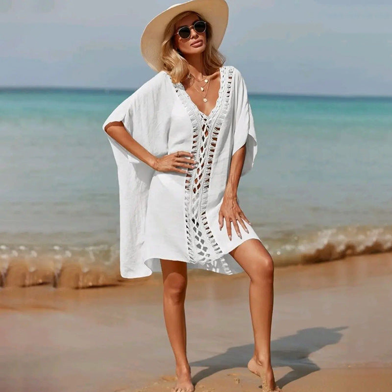 2025 Women's blouse New women's clothing hand crochet splicing loose dress beach bikini exterior